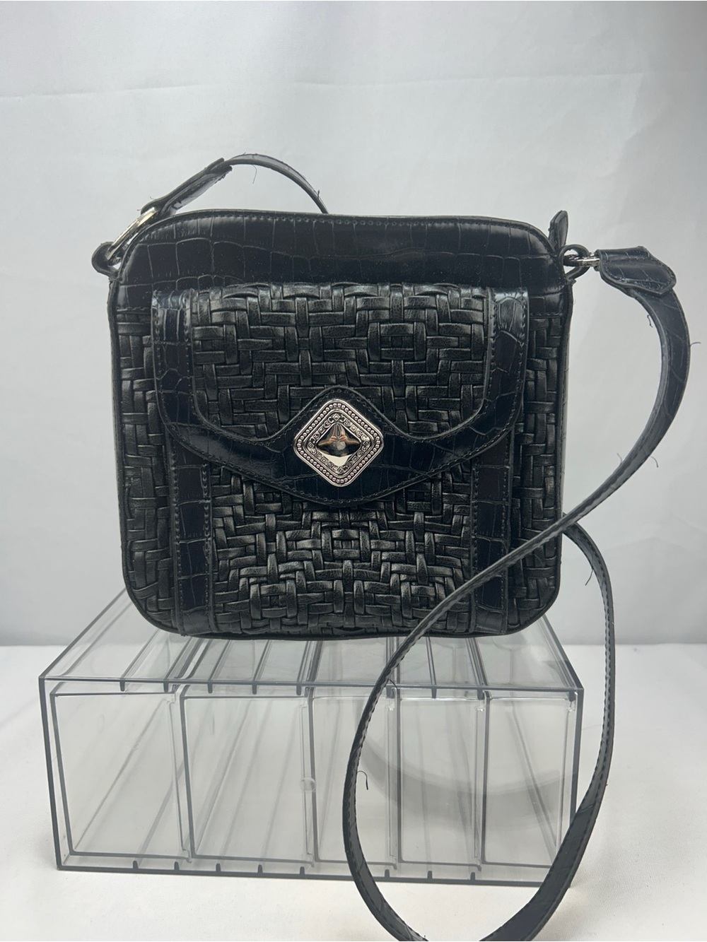 Black Woven Crossbody Bag - Classic Faux Leather Look